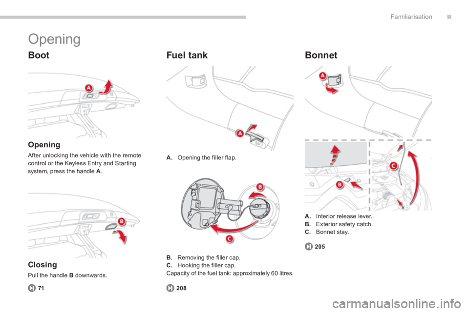 CITROEN C4 AIRCROSS 2011  Owners Manual .
7
Familiarisation
  Opening 
 
 
Boot 
 
 
Opening 
 After unlocking the vehicle with the remotecontrol or the Keyless Entry and Star ting system, press the handle  A.
 
 
Closing
 
Pull the handle 