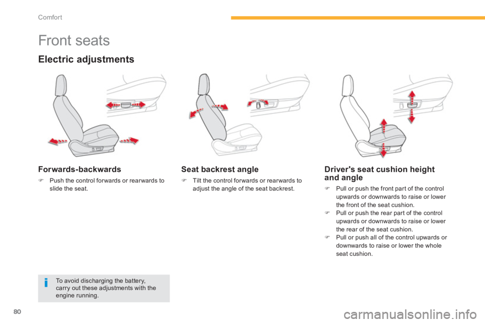 CITROEN C4 AIRCROSS 2011 Manual Online 80
Comfort
   
 
 
 
 
 
 
 
 
 
 
Front seats 
Electric adjustments 
Forwards-backwards
�)Push the control forwards or rearwards toslide the seat.
 
 
Seat backrest angle
�) 
 Tilt the control forwar