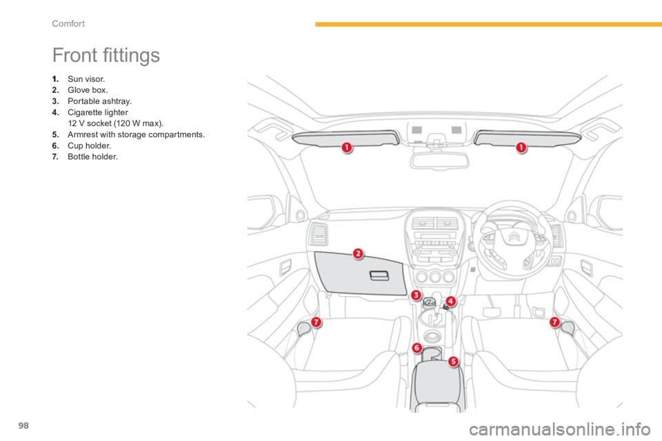CITROEN C4 AIRCROSS 2011  Owners Manual 98
Comfort
   
 
 
 
 
 
 
 
 
 
 
 
 
 
 
 
 
 
 
 
 
 
 
Front ﬁ ttings 
 
 Sun visor. 2. 
 Glove box.3. 
 Portable ashtray.
4. 
 Cigarette lighter  
12 V socket (120 W max).5.   Armrest with stor