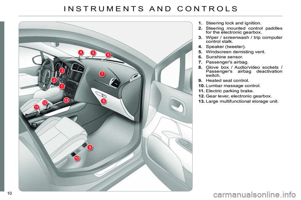 CITROEN C4 DAG 2013 User Guide 10
INSTRUMENTS AND CONTROLS
1.
Steering lock and ignition.
2.
Steering mounted control paddles
for the electronic gearbox.
3.
Wiper / screenwash / trip computer
contr CITROEN C4 DAG 2013 User Guide 10
INSTRUMENTS AND CONTROLS
1.
Steering lock and ignition.
2.
Steering mounted control paddles
for the electronic gearbox.
3.
Wiper / screenwash / trip computer
contr