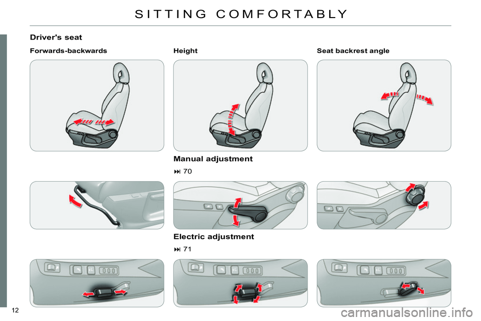 CITROEN C4 DAG 2013 User Guide 12
SITTING COMFORTABLY
Drivers seat
Forwards-backwards
Height
Manual adjustment
70
Electric adjustment
71
Seat backrest angle
CITROEN C4 DAG 2013 User Guide 12
SITTING COMFORTABLY
Drivers seat
Forwards-backwards
Height
Manual adjustment
70
Electric adjustment
71
Seat backrest angle
