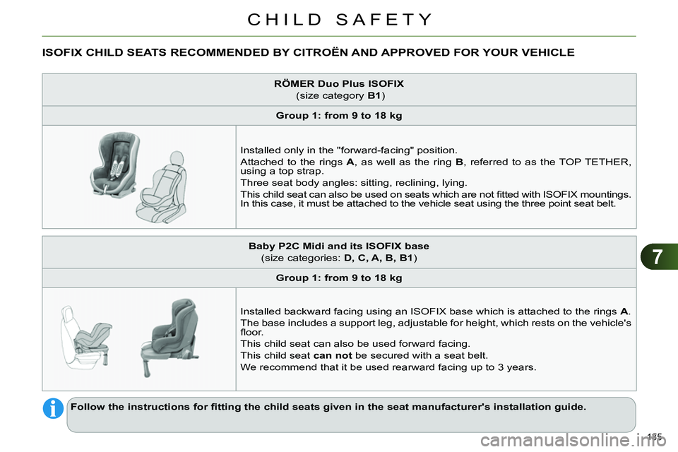 CITROEN C4 DAG 2013 Owners Manual 7
CHILD SAFETY
135
ISOFIX CHILD SEATS RECOMMENDED BY CITROËN AND APPROVED FOR YOUR VEHICLE
RÖMER
Duo Plus ISOFIX
(size category B1
)
Group CITROEN C4 DAG 2013 Owners Manual 7
CHILD SAFETY
135
ISOFIX CHILD SEATS RECOMMENDED BY CITROËN AND APPROVED FOR YOUR VEHICLE
RÖMER
Duo Plus ISOFIX
(size category B1
)
Group