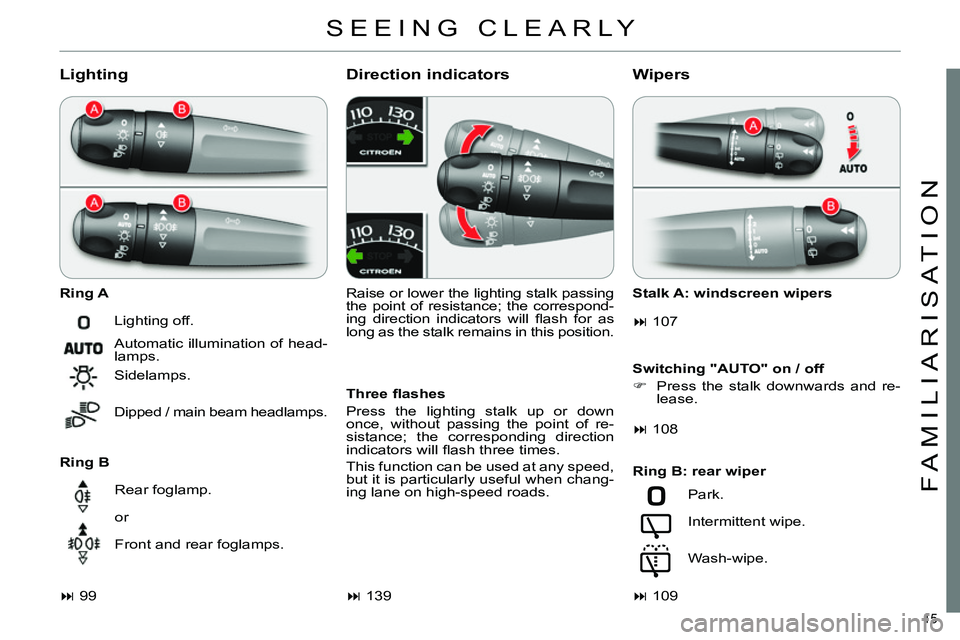 CITROEN C4 DAG 2013 User Guide 15
FAMILIARISATION
SEEING CLEARLY
Lighting
Ring A
Ring B
Direction indicators
Three fl ashes
Press the lighting stalk up or down
once, without passing the point of re- CITROEN C4 DAG 2013 User Guide 15
FAMILIARISATION
SEEING CLEARLY
Lighting
Ring A
Ring B
Direction indicators
Three fl ashes
Press the lighting stalk up or down
once, without passing the point of re-