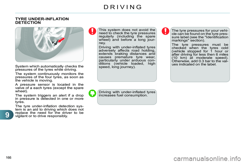 CITROEN C4 DAG 2013  Owners Manual 9
DRIVING
166 
   
 
 
 
 
 
 
 
TYRE UNDER-INFLATION 
DETECTION 
   
System which automatically checks the 
pressures of the tyres while driving. 
  The system continuously monitors the 
pressures of