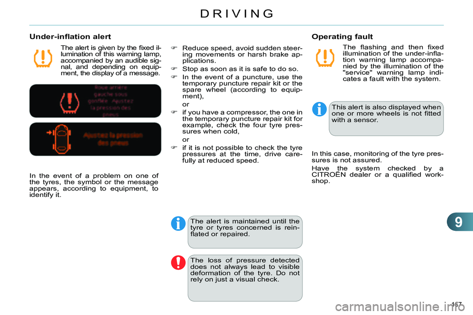 CITROEN C4 DAG 2013 Owners Manual 9
DRIVING
167
The fl ashing and then fi xed
illumination of the under-infl a-
tion warning lamp accompa-
nied by the illumination of the
"service" warning lamp indi-
cates a fault with the sys CITROEN C4 DAG 2013 Owners Manual 9
DRIVING
167
The fl ashing and then fi xed
illumination of the under-infl a-
tion warning lamp accompa-
nied by the illumination of the
"service" warning lamp indi-
cates a fault with the sys