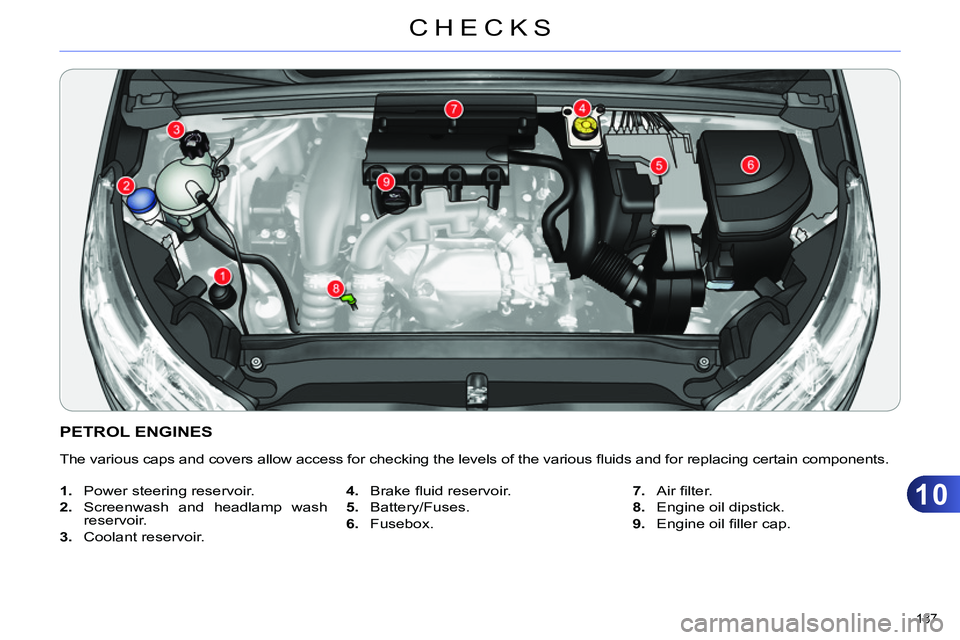 CITROEN C4 DAG 2013 Owners Manual 10
CHECKS
187
PETROL ENGINES
The various caps and covers allow access for checking the levels of the various fl uids and for replacing certain components.
1. CITROEN C4 DAG 2013 Owners Manual 10
CHECKS
187
PETROL ENGINES
The various caps and covers allow access for checking the levels of the various fl uids and for replacing certain components.
1.