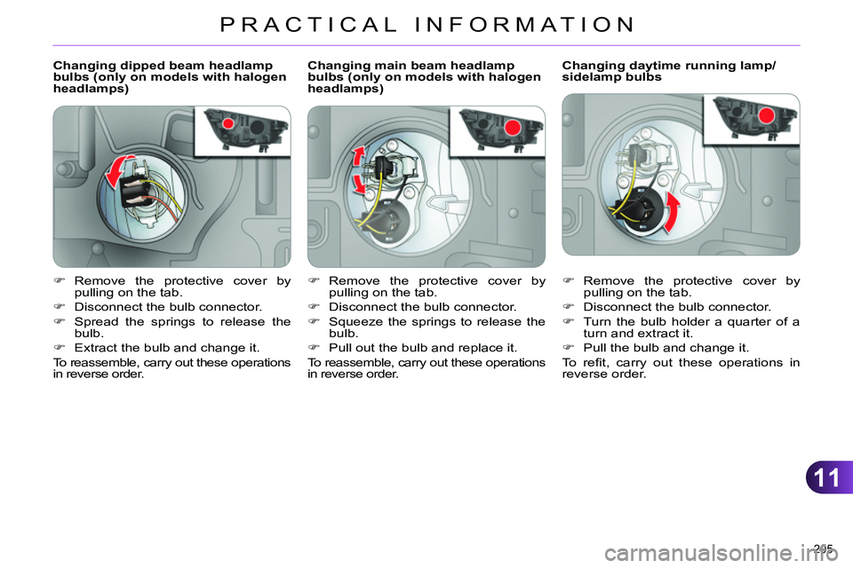 CITROEN C4 DAG 2013  Owners Manual 11
PRACTICAL INFORMATION
205 
   
 
 
 
 
 
 
 
 
 
Changing dipped beam headlamp 
bulbs (only on models with halogen 
headlamps)    
 
 
 
 
 
 
 
 
 
Changing daytime running lamp/
sidelamp bulbs 
 