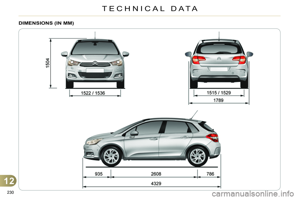CITROEN C4 DAG 2013 Owners Manual 12
TECHNICAL DATA
230
DIMENSIONS (IN MM) CITROEN C4 DAG 2013 Owners Manual 12
TECHNICAL DATA
230
DIMENSIONS (IN MM)