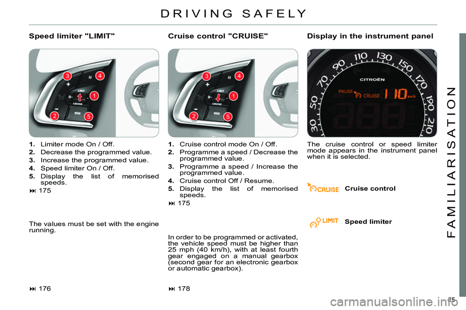 CITROEN C4 DAG 2013 Owners Manual 25 
FAMILIARISATION
  DRIVING SAFELY 
 
 
Speed limiter "LIMIT"    
Cruise control "CRUISE"    
Display in the instrument panel 
 
 
Cruise control      
 
1. 
  Limiter mode On / Off. 
   
2. 
  Decr