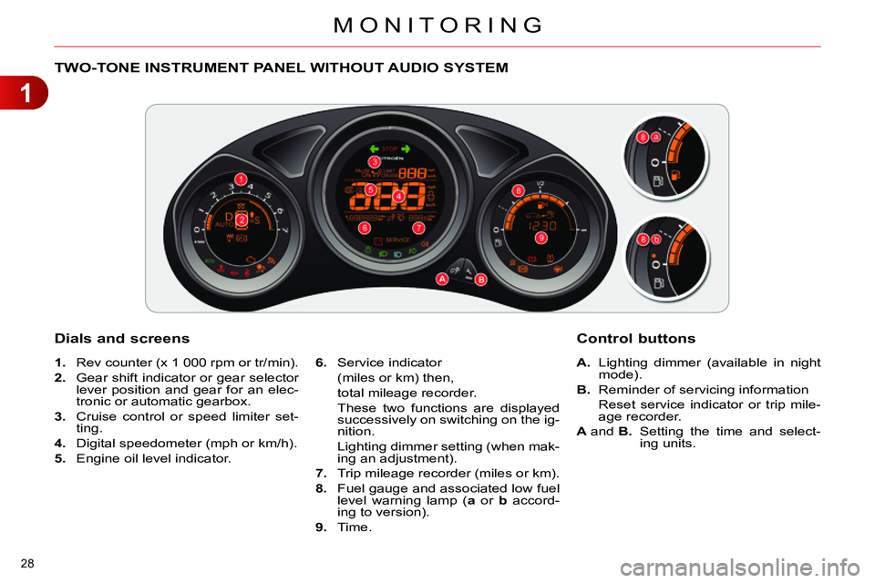 CITROEN C4 DAG 2013 Owners Manual 1
MONITORING
28 
   
 
 
 
 
 
 
 
 
 
 
 
 
 
 
 
 
TWO-TONE INSTRUMENT PANEL WITHOUT AUDIO SYSTEM 
   
Dials and screens 
 
 
 
1. 
  Rev counter (x 1 000 rpm or tr/min). 
   
2. 
  Gear shift indic