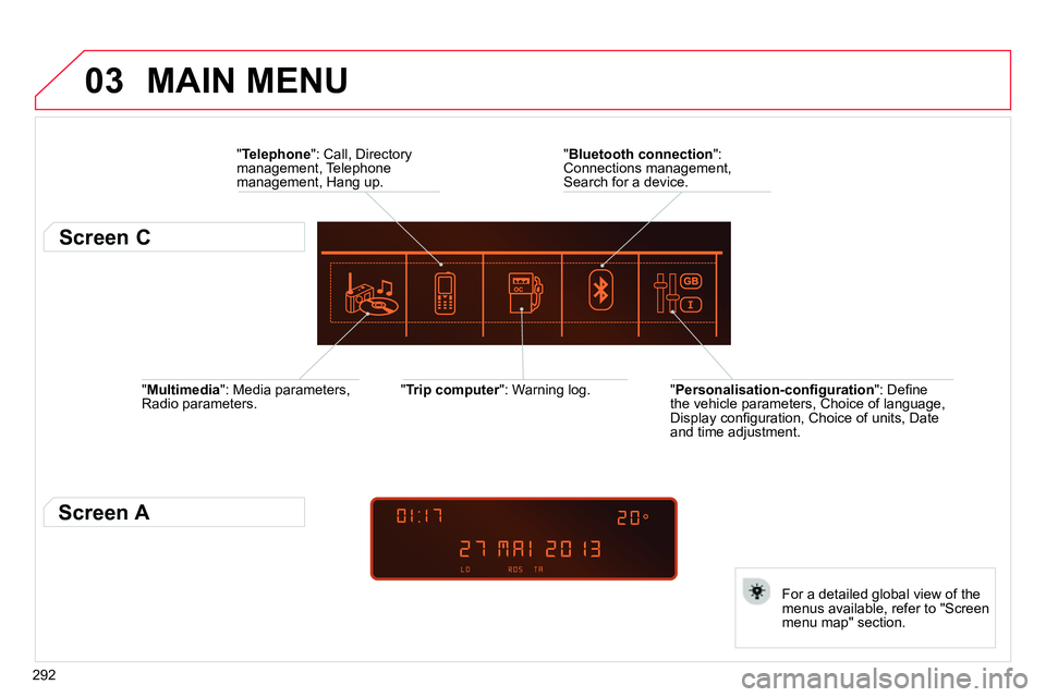 CITROEN C4 DAG 2013  Owners Manual 03
292   
" Multimedia 
": Media parameters, 
Radio parameters.     
" Trip computer 
": Warning log.  
   
For a detailed global view of the 
menus available, refer to "Screen 
menu map" section.  
 