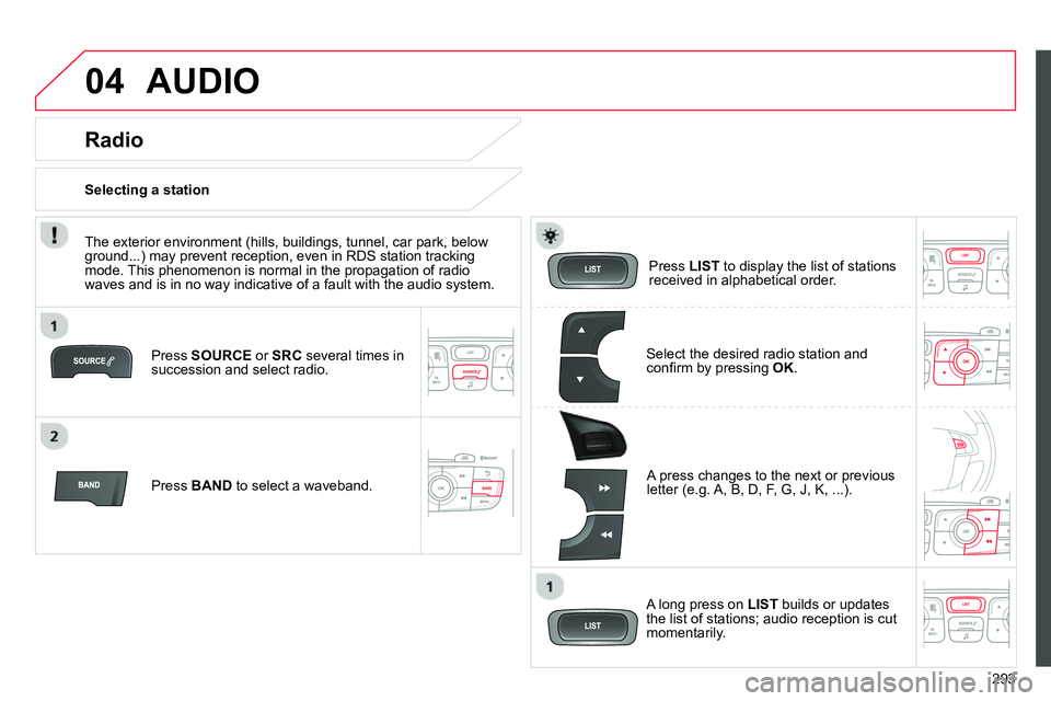 CITROEN C4 DAG 2013  Owners Manual 04
293
  AUDIO 
 
 
Press  SOURCE 
 or  SRC 
 several times in 
succession and select radio.  
   
Press  BAND 
 to select a waveband.     
Press  LIST 
 to display the list of stations 
received in a