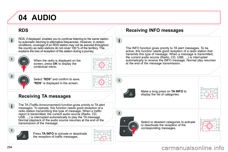 CITROEN C4 DAG 2013  Owners Manual 04
294   
RDS, if displayed, enables you to continue listening to the same station 
by automatic retuning to alternative frequencies. However, in certain 
conditions, coverage of an RDS station may no