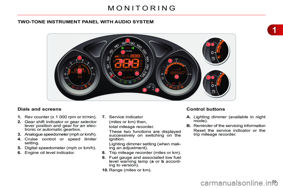 CITROEN C4 DAG 2013 Owners Guide 1
MONITORING
29
TWO-TONE INSTRUMENT PANEL WITH AUDIO SYSTEM
Dials and screens
A.
Lighting dimmer (available in night
mode).
B.
Reminder of the servic CITROEN C4 DAG 2013 Owners Guide 1
MONITORING
29
TWO-TONE INSTRUMENT PANEL WITH AUDIO SYSTEM
Dials and screens
A.
Lighting dimmer (available in night
mode).
B.
Reminder of the servic