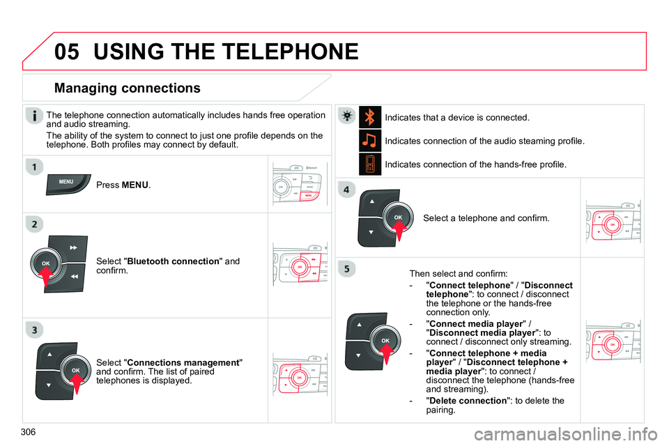 CITROEN C4 DAG 2013  Owners Manual  
 
05
306
  USING THE TELEPHONE 
 
 
The telephone connection automatically includes hands free operation 
and audio streaming. 
  The ability of the system to connect to just one proﬁ le depends o