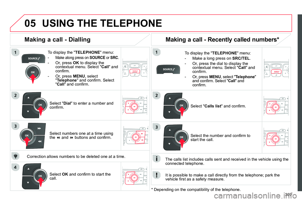 CITROEN C4 DAG 2013  Owners Manual  
  
05
307
  USING THE TELEPHONE 
 
 
To display the " TELEPHONE 
" menu: 
   
 
-  
Make along press on  SOURCE 
 or  SRC 
. 
 
 
-   Or, press  OK 
 to display the 
contextual menu. Select " Call 
