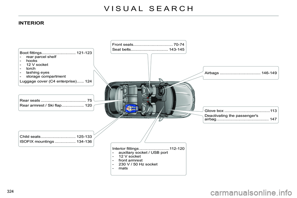 CITROEN C4 DAG 2013 Owners Manual 324
VISUAL SEARCH
INTERIOR
Boot fi ttings ............................. 121-123
- rear parcel shelf
- hooks
- 12 V socket
- torch
- lashing eyes
- sto CITROEN C4 DAG 2013 Owners Manual 324
VISUAL SEARCH
INTERIOR
Boot fi ttings ............................. 121-123
- rear parcel shelf
- hooks
- 12 V socket
- torch
- lashing eyes
- sto