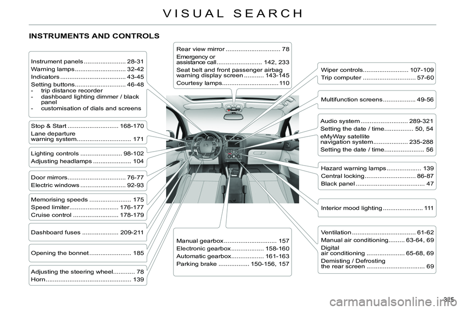 CITROEN C4 DAG 2013  Owners Manual 325 
VISUAL SEARCH
  INSTRUMENTS AND CONTROLS  
 
 
Instrument panels ....................... 28-31 
  Warning lamps ............................ 32-42 
  Indicators ..................................