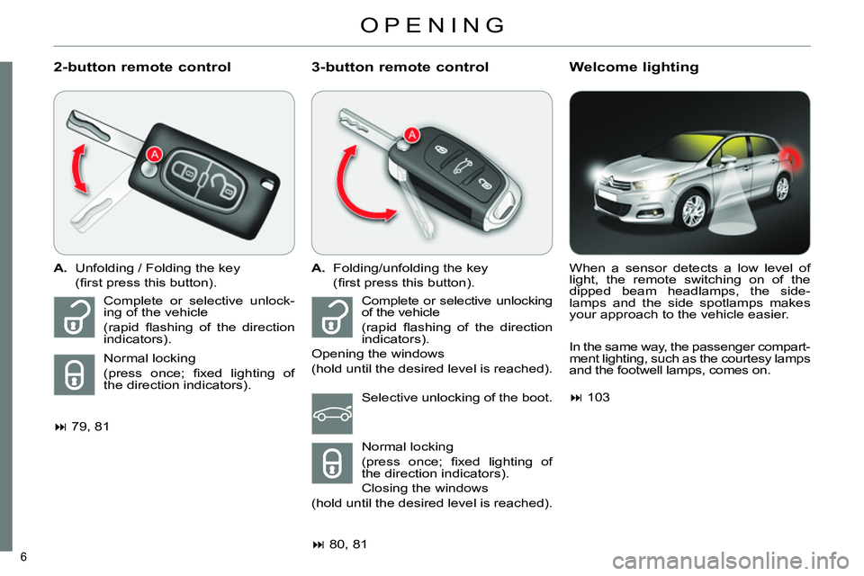 CITROEN C4 DAG 2013  Owners Manual 6 
  OPENING 
 
 
2-button remote control  
  
 
3-button remote control    
Welcome lighting 
 
A. 
  Unfolding / Folding the key  
 (ﬁ rst press this button).  
   
 
 
 79, 81  
    
 
A. 
  F