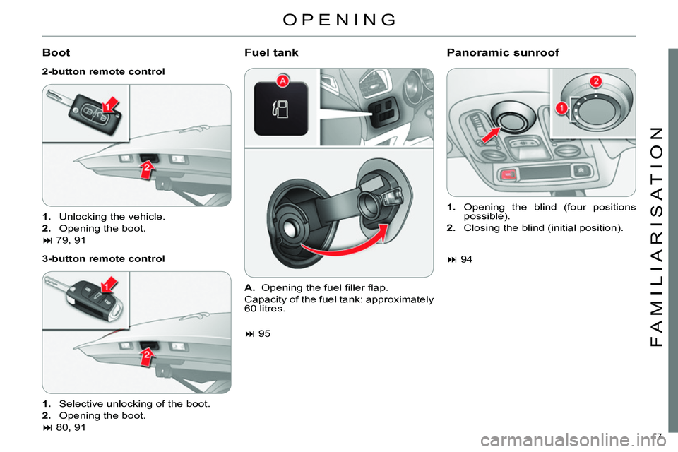 CITROEN C4 DAG 2013  Owners Manual 7 
FAMILIARISATION
  OPENING 
 
 
Boot 
 
 
2-button remote control 
   
3-button remote control 
 
 
Fuel tank    
Panoramic sunroof 
 
 
 
1. 
  Unlocking the vehicle. 
   
2. 
  Opening the boot.  