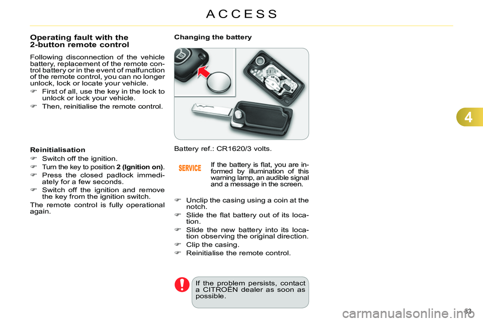 CITROEN C4 DAG 2013 Manual Online 4
ACCESS
83 
   
 
 
 
 
 
 
 
 
 
 
 
 
 
 
Operating fault with the 
2-button remote control 
  Following disconnection of the vehicle 
battery, replacement of the remote con-
trol battery or in the