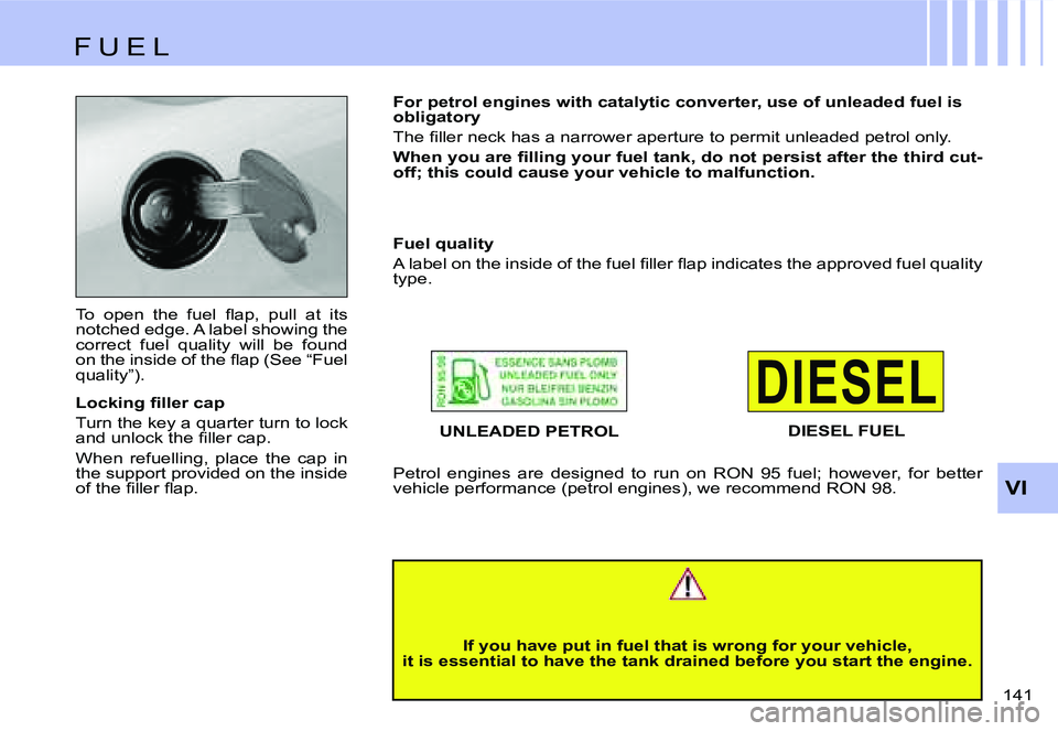 CITROEN C4 DAG 2006  Owners Manual �D�I�E�S�E�L
�V�I
�1�4�1� 
�T�o�  �o�p�e�n�  �t�h�e�  �f�u�e�l�  �ﬂ�a�p�, �p�u�l�l �a�t �i�t�s 
�n�o�t�c�h�e�d� �e�d�g�e�.� �A� �l�a�b�e�l� �s�h�o�w�i�n�g� �t�h�e� 
�c�o�r�r�e�c�t�  �f�u�e�l�  �q�u�