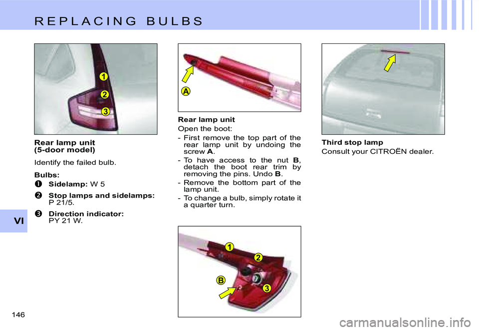 CITROEN C4 DAG 2006  Owners Manual �3
�2
�1
�1
�2
�3�B
�A
�V�I
�1�4�6� �R�e�a�r� �l�a�m�p� �u�n�i�t�  
�(�5�-�d�o�o�r� �m�o�d�e�l�) 
�I�d�e�n�t�i�f�y� �t�h�e� �f�a�i�l�e�d� �b�u�l�b�.
�B�u�l�b�s�:
��  �S�i�d�e�l�a�m�p�:
� �W� �5
�