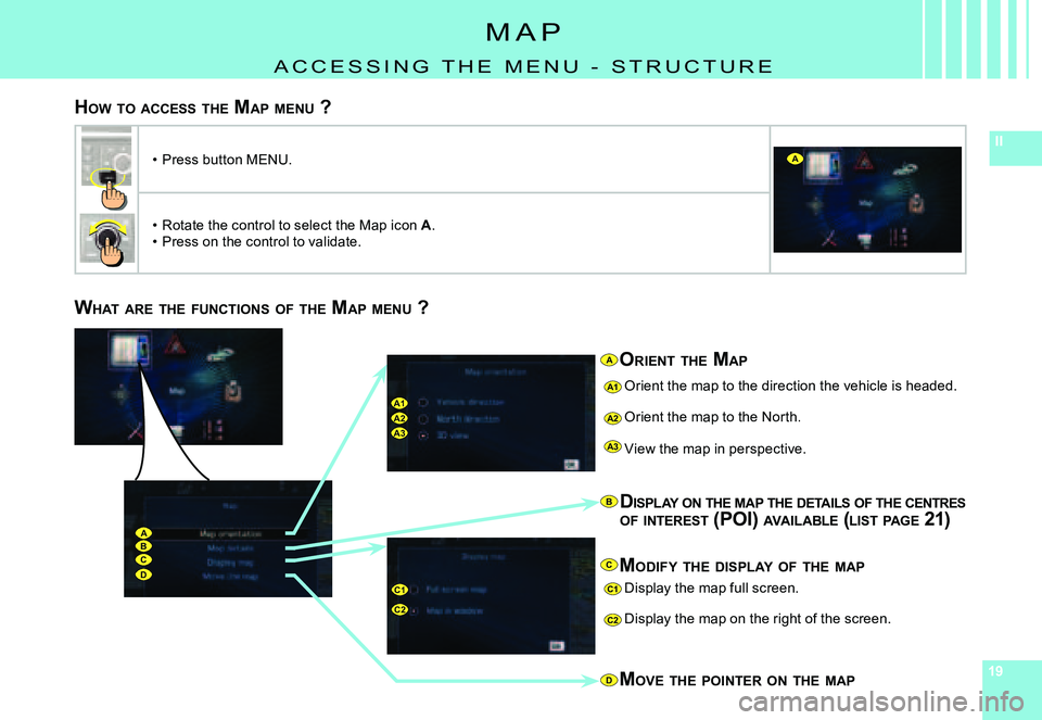 CITROEN C4 DAG 2006 User Guide 191919
II
A1A2A3
ABCD
A1
A2
A3
C1
C2C2
C1
D
B
A
C
A
WHAT ARE THE FUNCTIONS OF THE MAP MENU ?
ORIENT THE MAP
Orient the map to the direction the vehicle is heade d.
Orient the map to the North CITROEN C4 DAG 2006 User Guide 191919
II
A1A2A3
ABCD
A1
A2
A3
C1
C2C2
C1
D
B
A
C
A
WHAT ARE THE FUNCTIONS OF THE MAP MENU ?
ORIENT THE MAP
Orient the map to the direction the vehicle is heade d.
Orient the map to the North