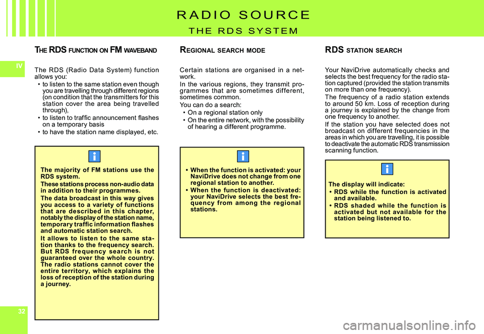 CITROEN C4 DAG 2006 User Guide 323232
IVThe  RDs  (Radio  Data  system)  function allows you:to listen to the same station even though you are travelling through different regions (on condition that the transmitters for this statio