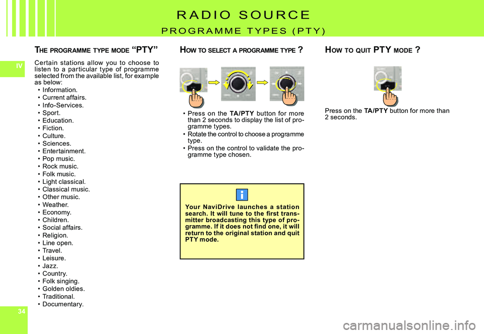 CITROEN C4 DAG 2006  Owners Manual 343434
IV
THE  PROGRAMME  TYPE  MODE  “PTY”
Cer t ain  st ations  allow  you  to  choose  to listen  to  a  par ticular  t ype  of  programme selected from the available list, for example as below