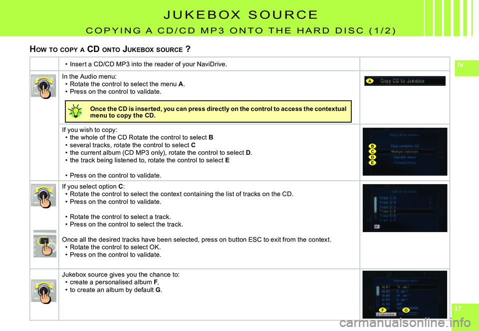 CITROEN C4 DAG 2006  Owners Manual 373737
IV
A
BCDE
FG
J U K E B O X   s O U R C E
C O p y I N g   a   C D / C D   m p 3   O N T O   T H E   H a R D   D I s C   ( 1 / 2 )
HOW  TO  COPY  A  CD  ONTO  JUKEBOX  SOURCE  ?
Insert a CD/CD mp