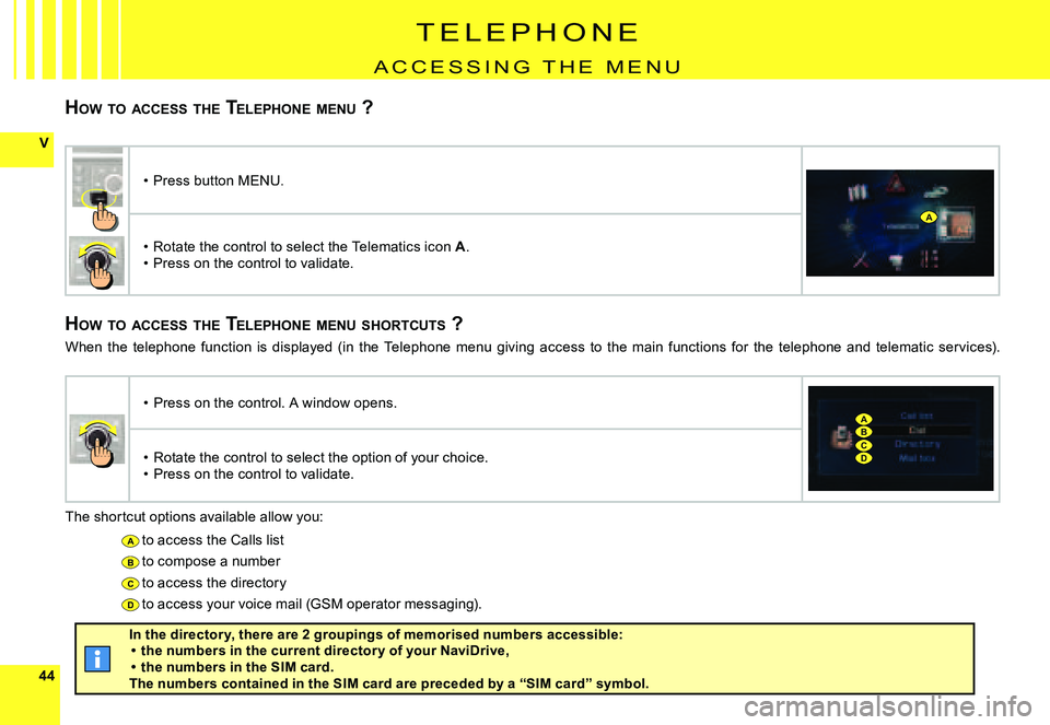CITROEN C4 DAG 2006  Owners Manual 4444
V
A
B
C
D
A
BC
A
D
T E l E p H O N E
a C C E s s I N g   T H E   m E N U
HOW  TO  ACCESS  THE  TELEPHONE  MENU  ?
HOW  TO  ACCESS  THE  TELEPHONE  MENU  SHORTCUTS  ?
The shortcut options availabl