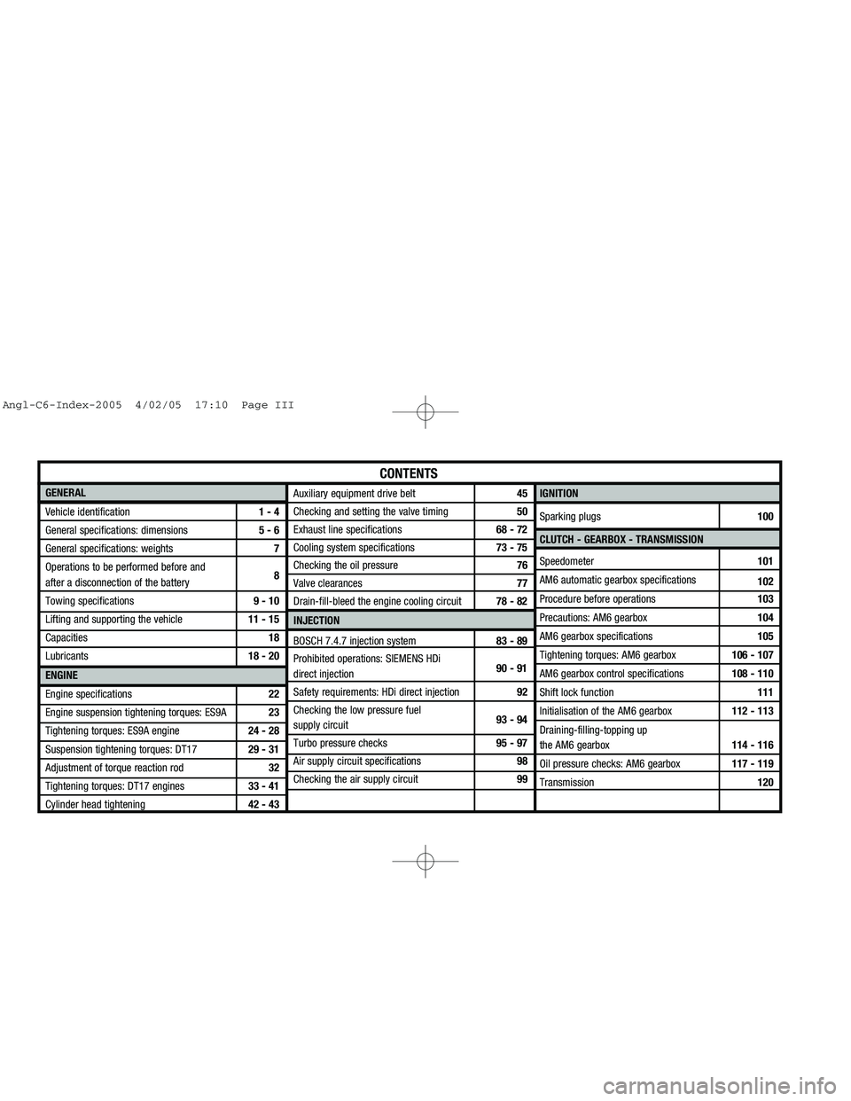 CITROEN C6 2005  Owners Manual Downloaded from www.Manualslib.com manuals search engine GENERAL
Vehicle identification1 - 4
General specifications: dimensions 5 - 6
General specifications: weights7
Operations to be performed before