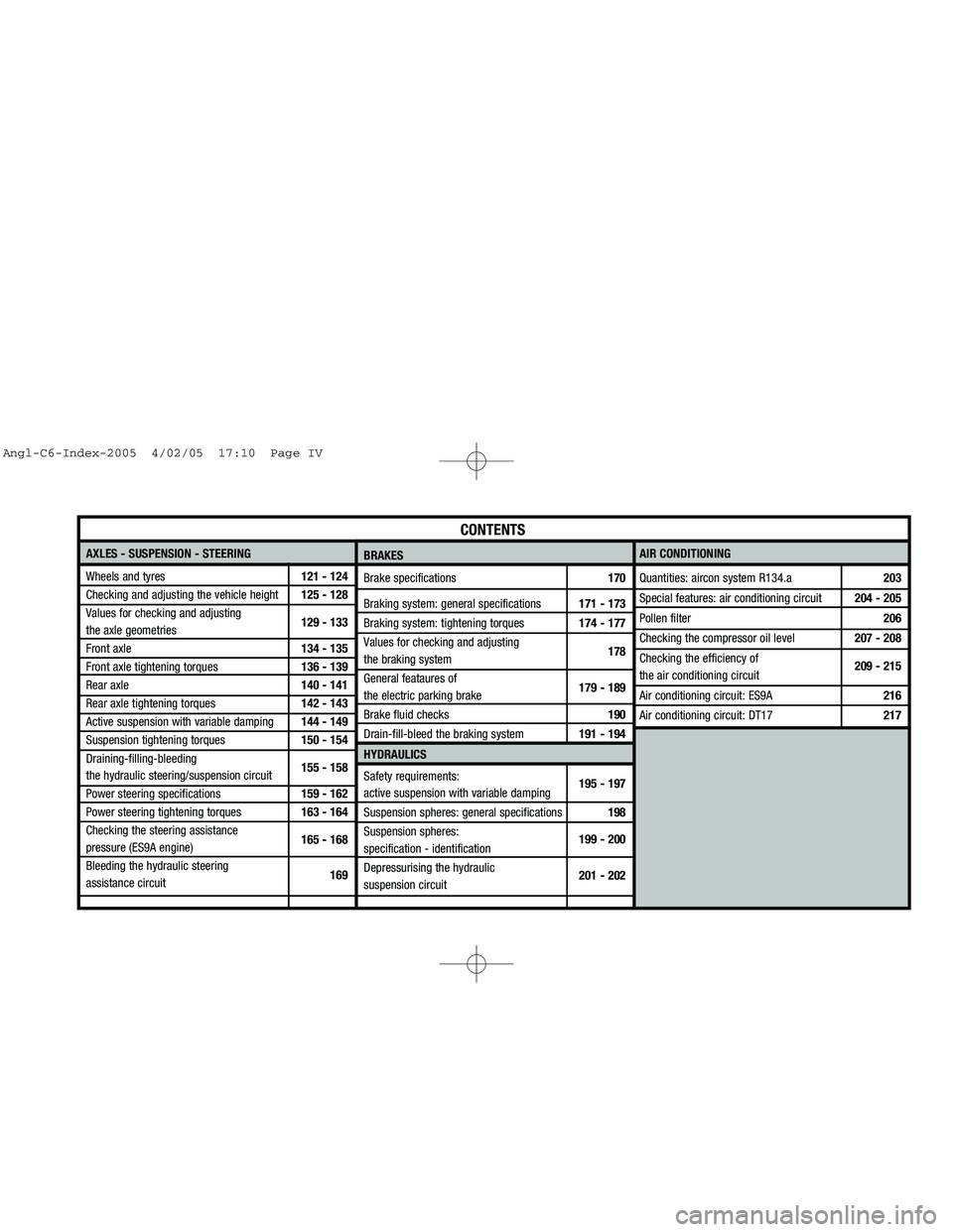 CITROEN C6 2005  Owners Manual Downloaded from www.Manualslib.com manuals search engine AXLES - SUSPENSION - STEERING
Wheels and tyres121 - 124
Checking and adjusting the vehicle height125 - 128
Values for checking and adjusting
th