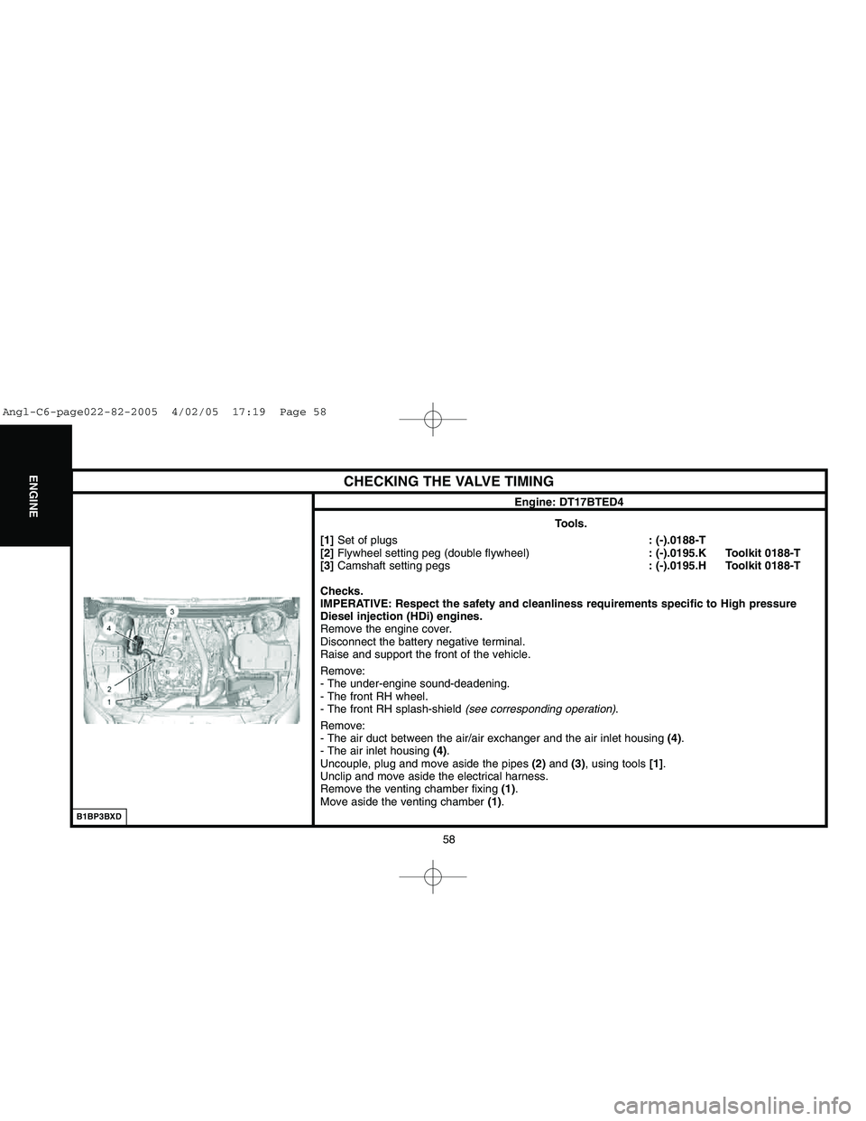 CITROEN C6 2005 User Guide Downloaded from www.Manualslib.com manuals search engine 58
ENGINE
CHECKING THE VALVE TIMING
Engine: DT17BTED4
Tools.
[1]Set of plugs: (-).0188-T
[2]Flywheel setting peg (double flywheel): (-).0195.K 