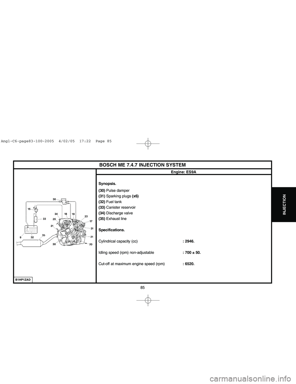 CITROEN C6 2005 Owners Manual Downloaded from www.Manualslib.com manuals search engine INJECTION
85
BOSCH ME 7.4.7 INJECTION SYSTEM
Engine: ES9A
Synopsis.
(30)Pulse damper
(31)Sparking plugs (x6)
(32)Fuel tank
(33)Canister reservo CITROEN C6 2005 Owners Manual Downloaded from www.Manualslib.com manuals search engine INJECTION
85
BOSCH ME 7.4.7 INJECTION SYSTEM
Engine: ES9A
Synopsis.
(30)Pulse damper
(31)Sparking plugs (x6)
(32)Fuel tank
(33)Canister reservo