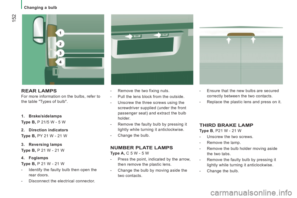 CITROEN JUMPER 2011  Owners Manual 152
   
 
Changing a bulb 
 
REAR LAMPS
 
For more information on the bulbs, refer to 
the table "Types of bulb".    
-   Remove the two fixing nuts. 
   
-   Pull the lens block from the outside. 
  