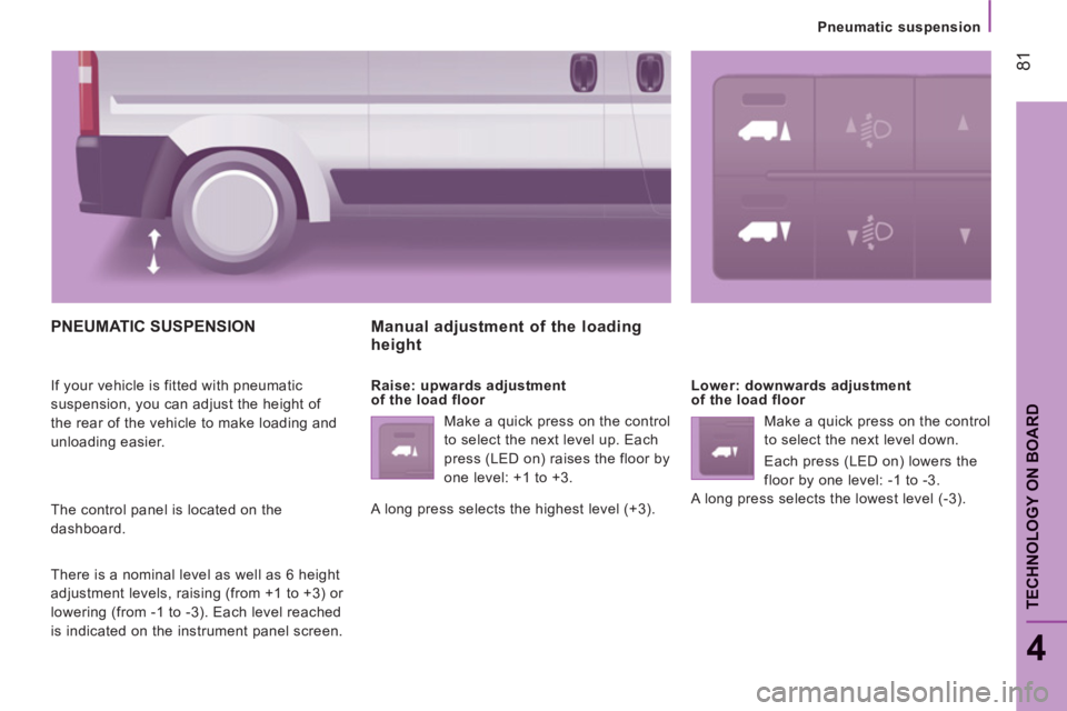CITROEN JUMPER 2011 Manual Online 81
4
TECHNOLOGY ON BOAR
D
   
 
Pneumatic suspension
PNEUMATIC SUSPENSION 
 
If your vehicle is fitted with pneumatic 
suspension, you can adjust the height of 
the rear of the vehicle to make loading