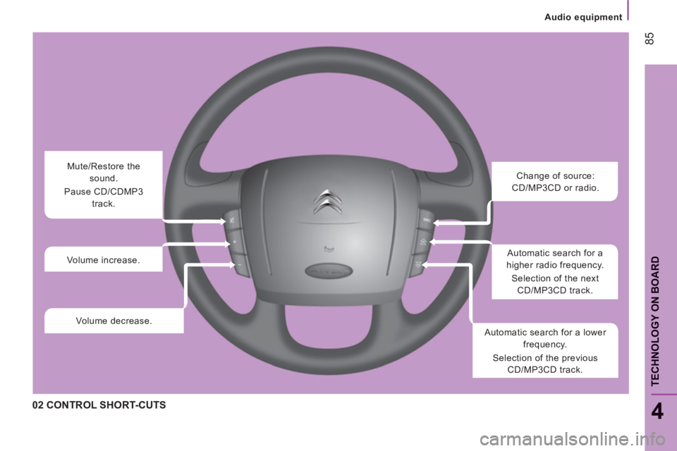 CITROEN JUMPER 2011  Owners Manual Audio equipment
85
4
TECHNOLOGY ON BOAR
D
02 CONTROL SHORT-CUTS
  Change of source: 
CD/MP3CD or radio. 
  Automatic search for a 
higher radio frequency. 
  Selection of the next 
CD/MP3CD track. 
  