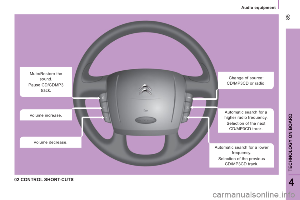 CITROEN JUMPER 2011 Manual Online Audio equipment
85
4
TECHNOLOGY ON BOAR
D
02 CONTROL SHORT-CUTS
  Change of source: 
CD/MP3CD or radio. 
  Automatic search for a 
higher radio frequency. 
  Selection of the next 
CD/MP3CD track. 
  