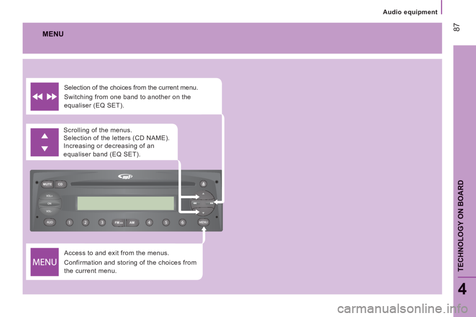 CITROEN JUMPER 2011 Manual Online FM MUTE CD
AMAS
Audio equipment
87
4
TECHNOLOGY ON BOAR
D
  Access to and exit from the menus. 
  Confirmation and storing of the choices from 
the current menu.    Scrolling of the menus. 
  Selectio
