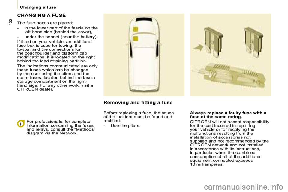 CITROEN BERLINGO 2008  Owners Manual �1�3�2
   Changing a fuse   
 CHANGING A FUSE 
� �T�h�e� �f�u�s�e� �b�o�x�e�s� �a�r�e� �p�l�a�c�e�d�:�  
� � � �-� �  �i�n� �t�h�e� �l�o�w�e�r� �p�a�r�t� �o�f� �t�h�e� �f�a�s�c�i�a� �o�n� �t�h�e� left