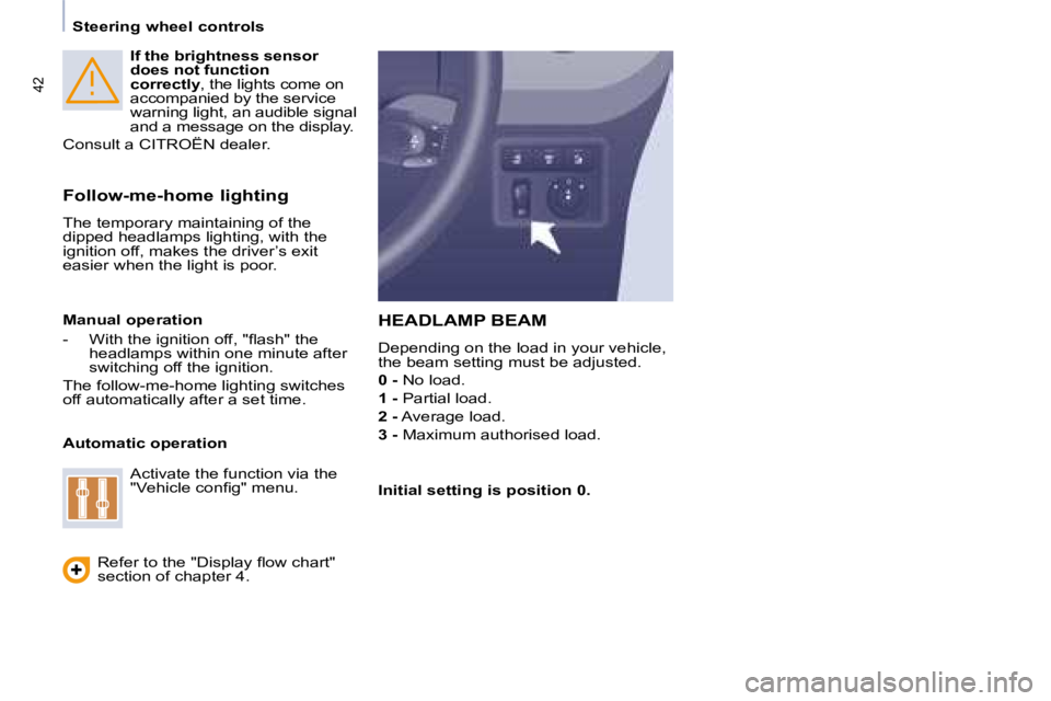 CITROEN BERLINGO 2008  Owners Manual �4�2
   Steering wheel controls      
If the brightness sensor  
does not function 
correctly  , the lights come on 
�a�c�c�o�m�p�a�n�i�e�d� �b�y� �t�h�e� �s�e�r�v�i�c�e� 
�w�a�r�n�i�n�g� �l�i�g�h�t�,