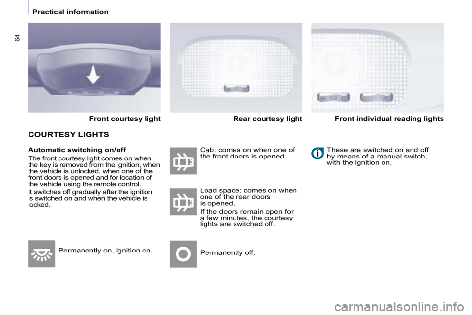 CITROEN BERLINGO 2008 Repair Manual 64
   Practical information   
  Automatic switching on/off 
� �T�h�e� �f�r�o�n�t� �c�o�u�r�t�e�s�y� �l�i�g�h�t� �c�o�m�e�s� �o�n� �w�h�e�n�  
�t�h�e� �k�e�y� �i�s� �r�e�m�o�v�e�d� �f�r�o�m� �t�h�e� �
