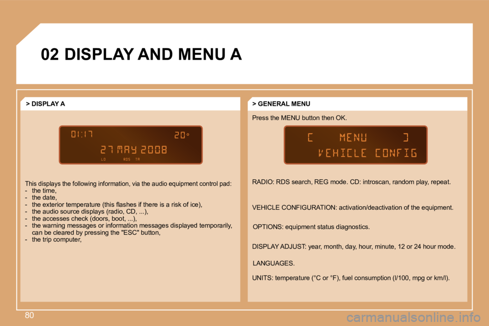 CITROEN BERLINGO 2008 Manual PDF 80
�0�2 DISPLAY AND MENU A  
 RADIO: RDS search, REG mode. CD: introscan, random play, repeat. 
 VEHICLE CONFIGURATION: activation/deactivation of the equipment. 
 DISPLAY ADJUST: year, month, day, ho